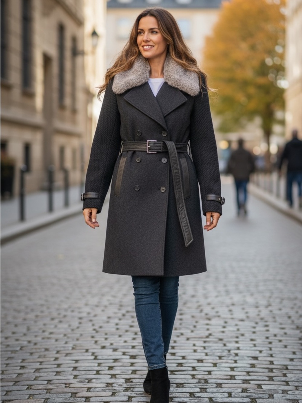 Wool-Blend Double-Breasted Coat with Fur Collar - Charcoal